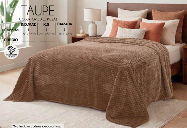 COBERTOR LIGERO 3D TAUPE (1 PIEZA)